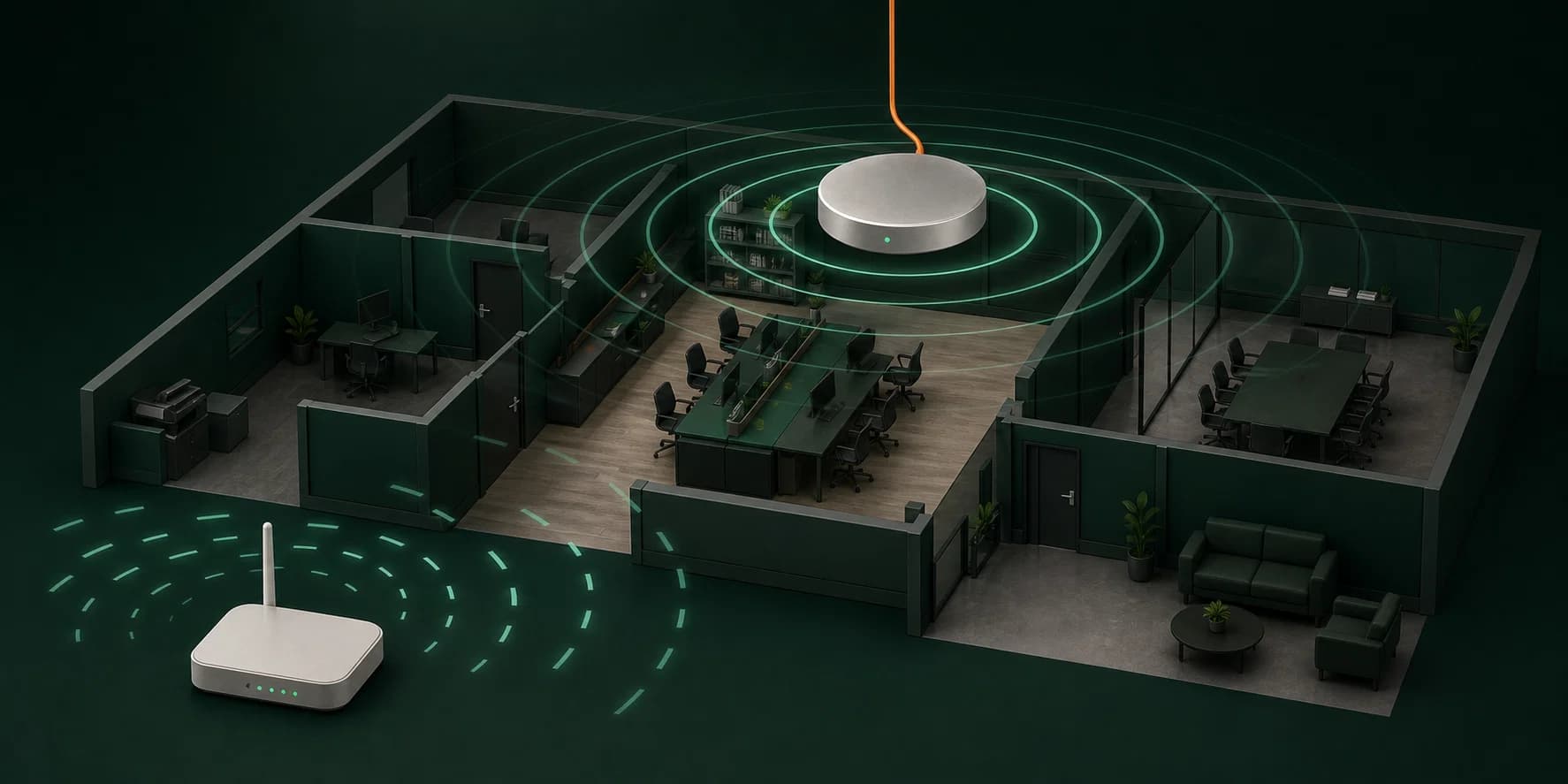 Domácí router má omezený dosah, zatímco firemní access point pokrývá celou kancelář.