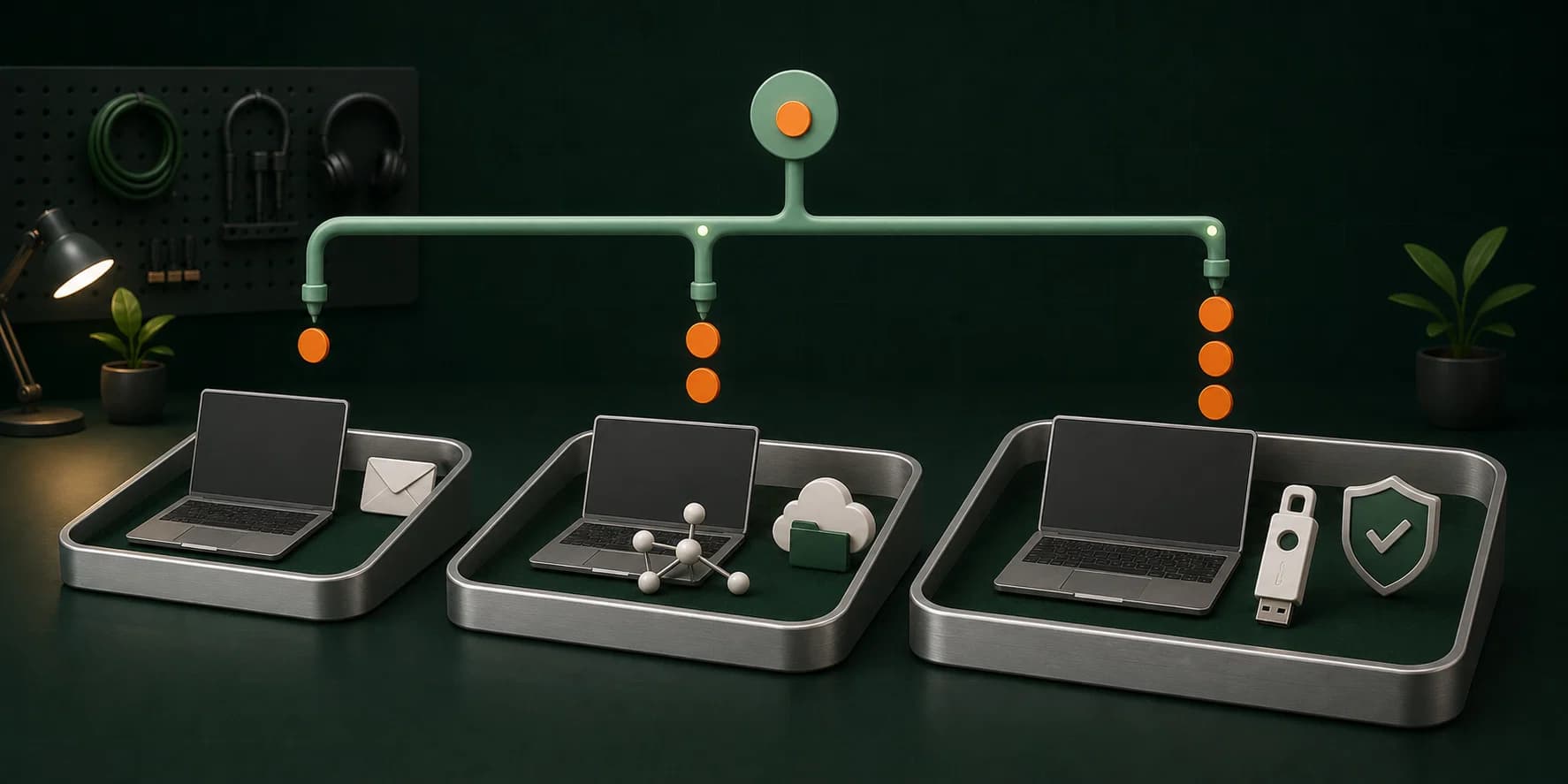 Tři sestavy znázorňují výběr Microsoft 365 licencí pro různé pracovní role.