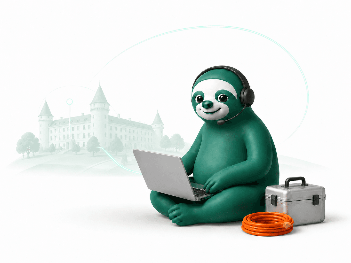 Master Sloth s headsetem a servisním vybavením před zámkem Konopiště