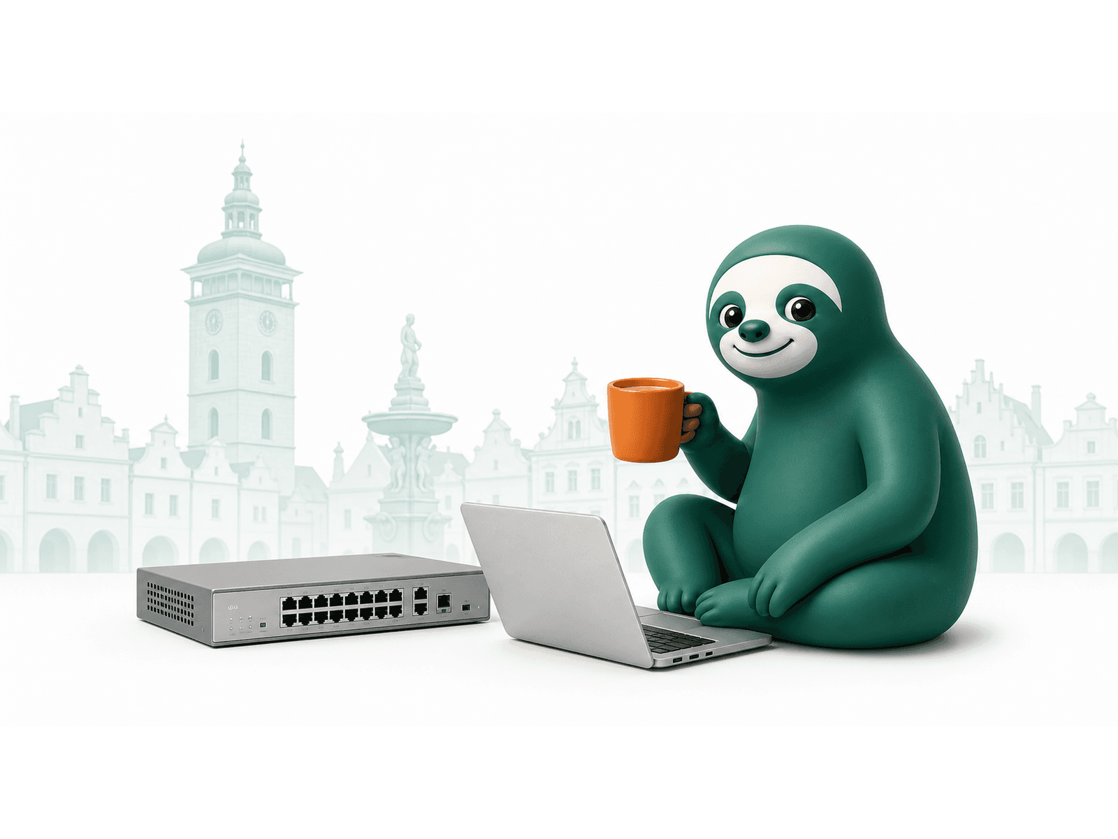 Master Sloth u notebooku a síťového prvku s jemným motivem Českých Budějovic