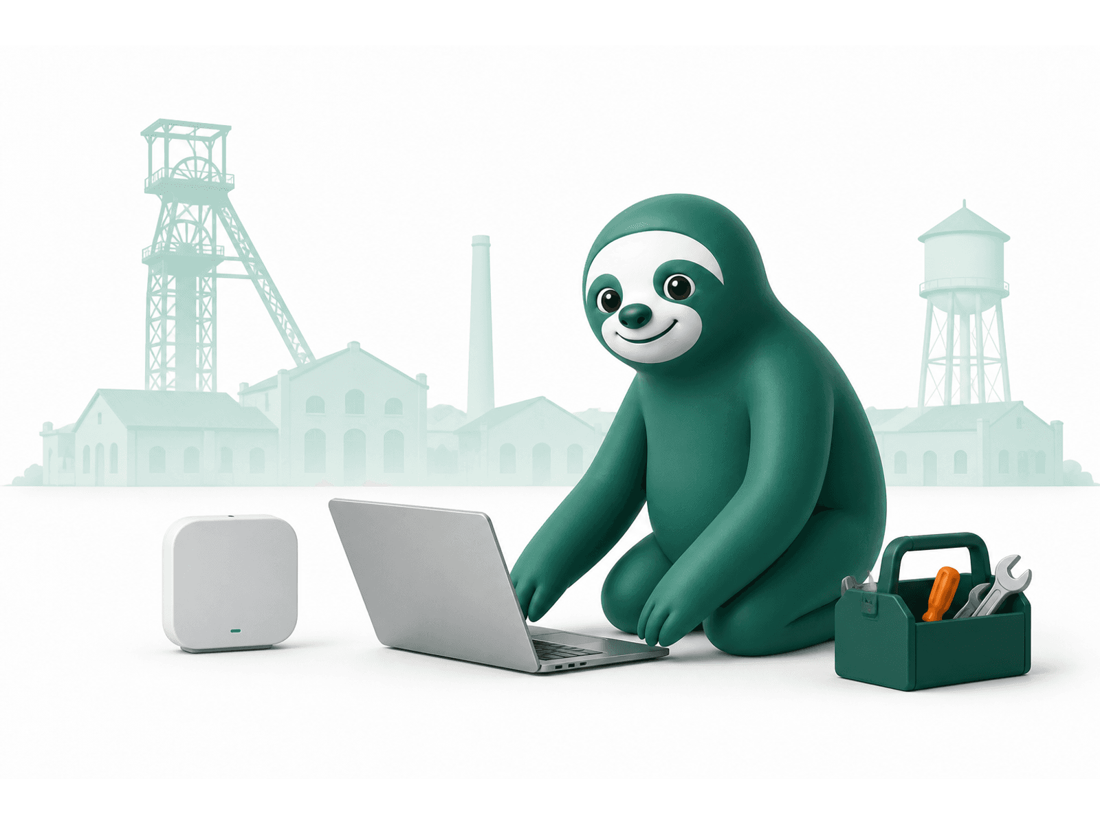 Master Sloth u notebooku, Wi-Fi prvku a nářadí s jemným industriálním motivem Kladna