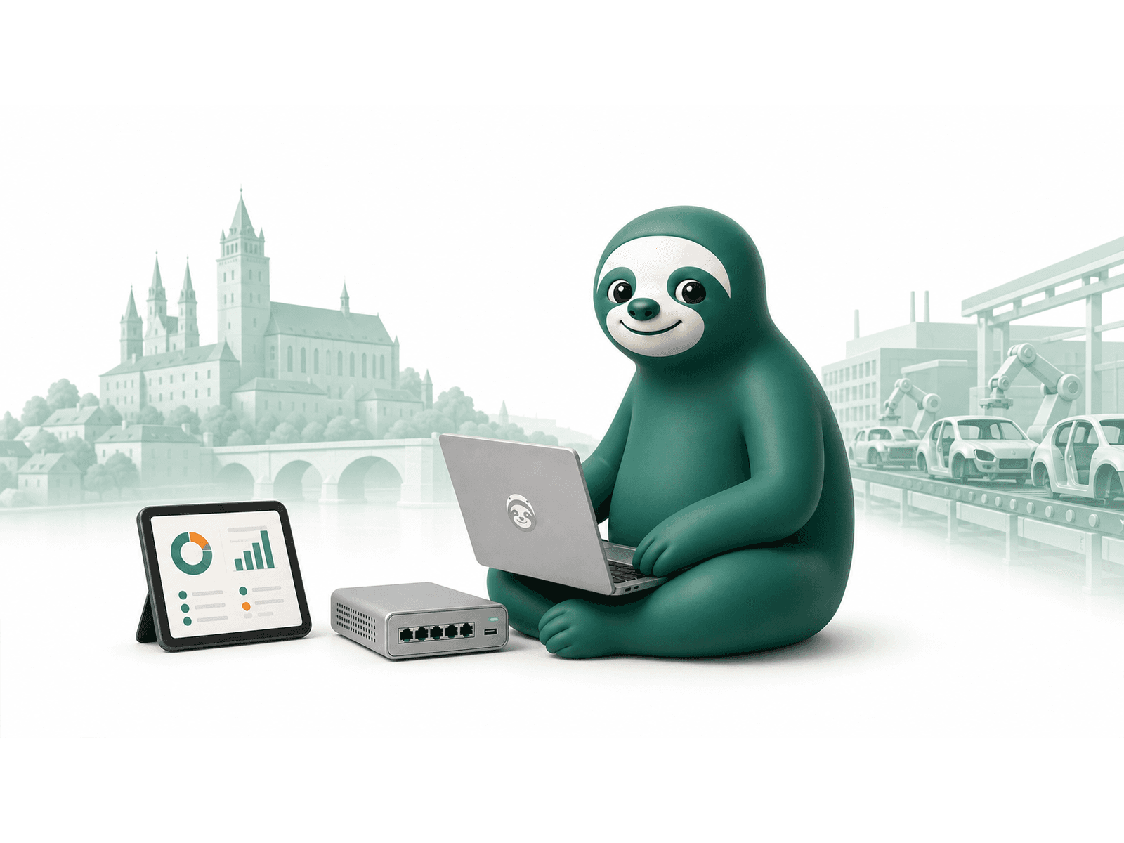 Master Sloth u notebooku a síťového prvku s jemným motivem Mladé Boleslavi a výroby