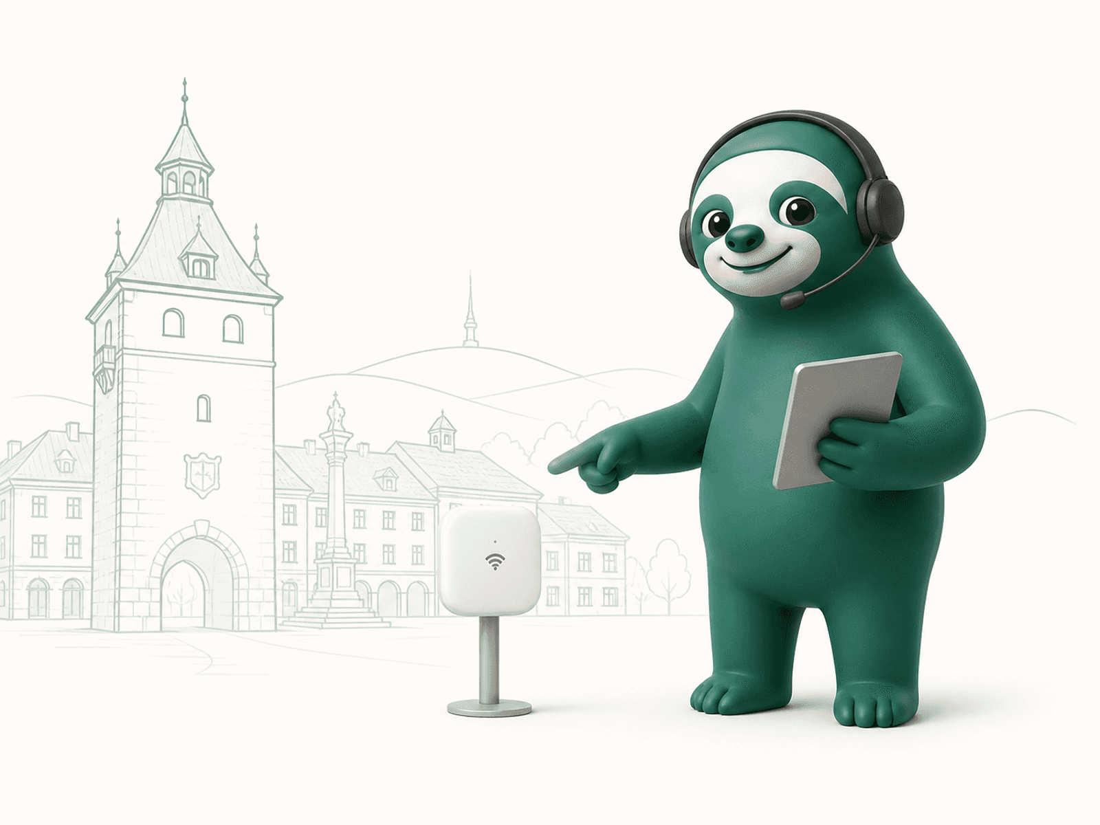 Stojící Master Sloth s headsetem a tabletem ukazuje na Wi-Fi zařízení před jemnou siluetou Pelhřimova