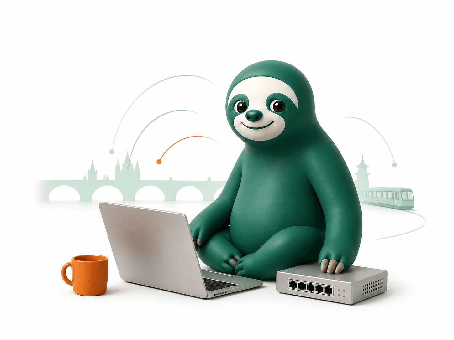Master Sloth u notebooku a síťového zařízení s motivem Prahy