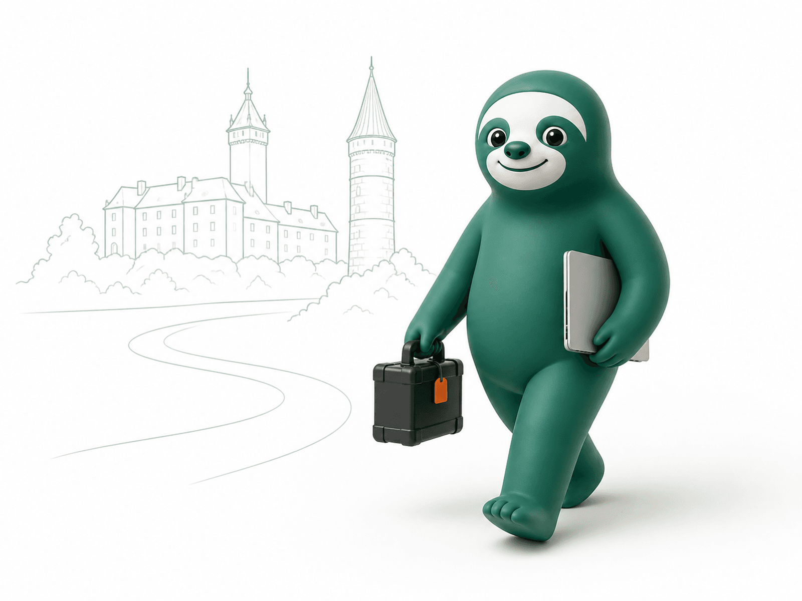 Master Sloth přichází na servisní návštěvu s notebookem a kufrem před jemnou siluetou strakonického hradu