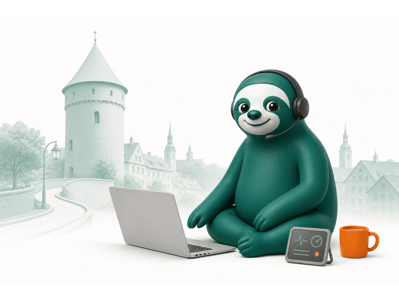 Master Sloth s headsetem a notebookem s jemnou siluetou historického Tábora