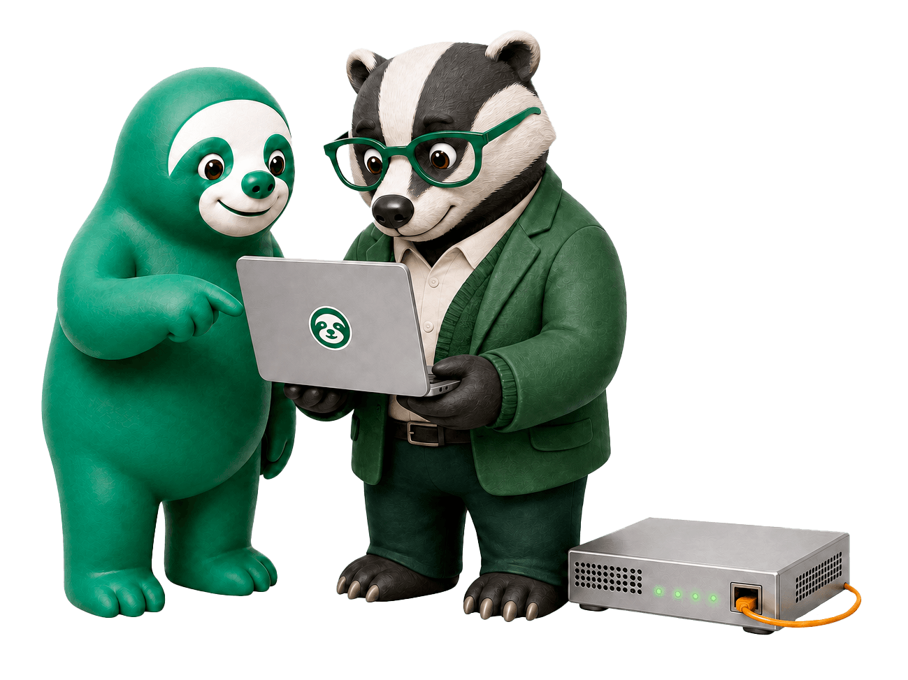 Lenochod SlothSuite s pracovníkem úřadu kontrolují IT provoz na notebooku