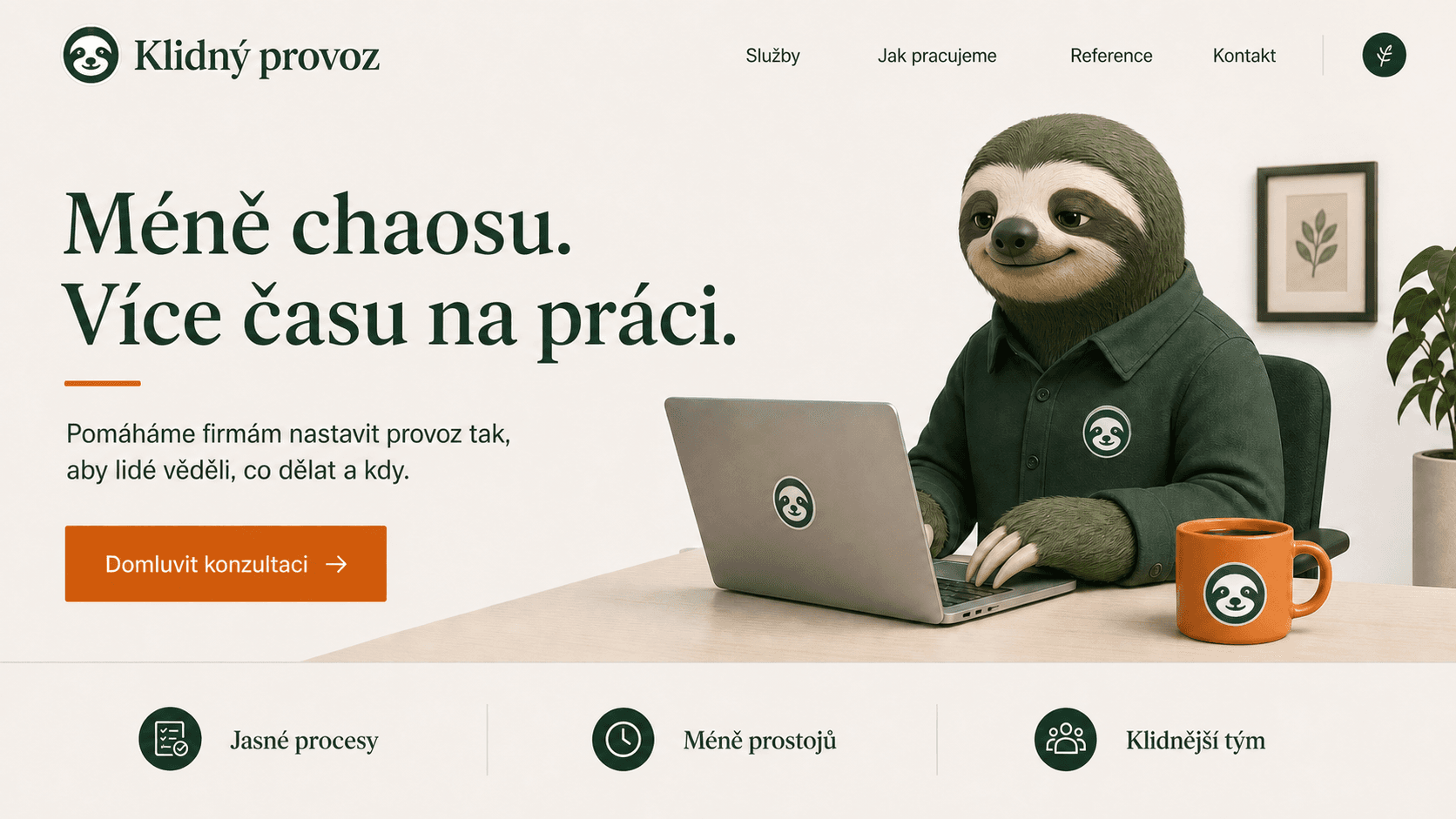Ukázka firemního webu Klidný provoz s lenochodem SlothSuite u notebooku