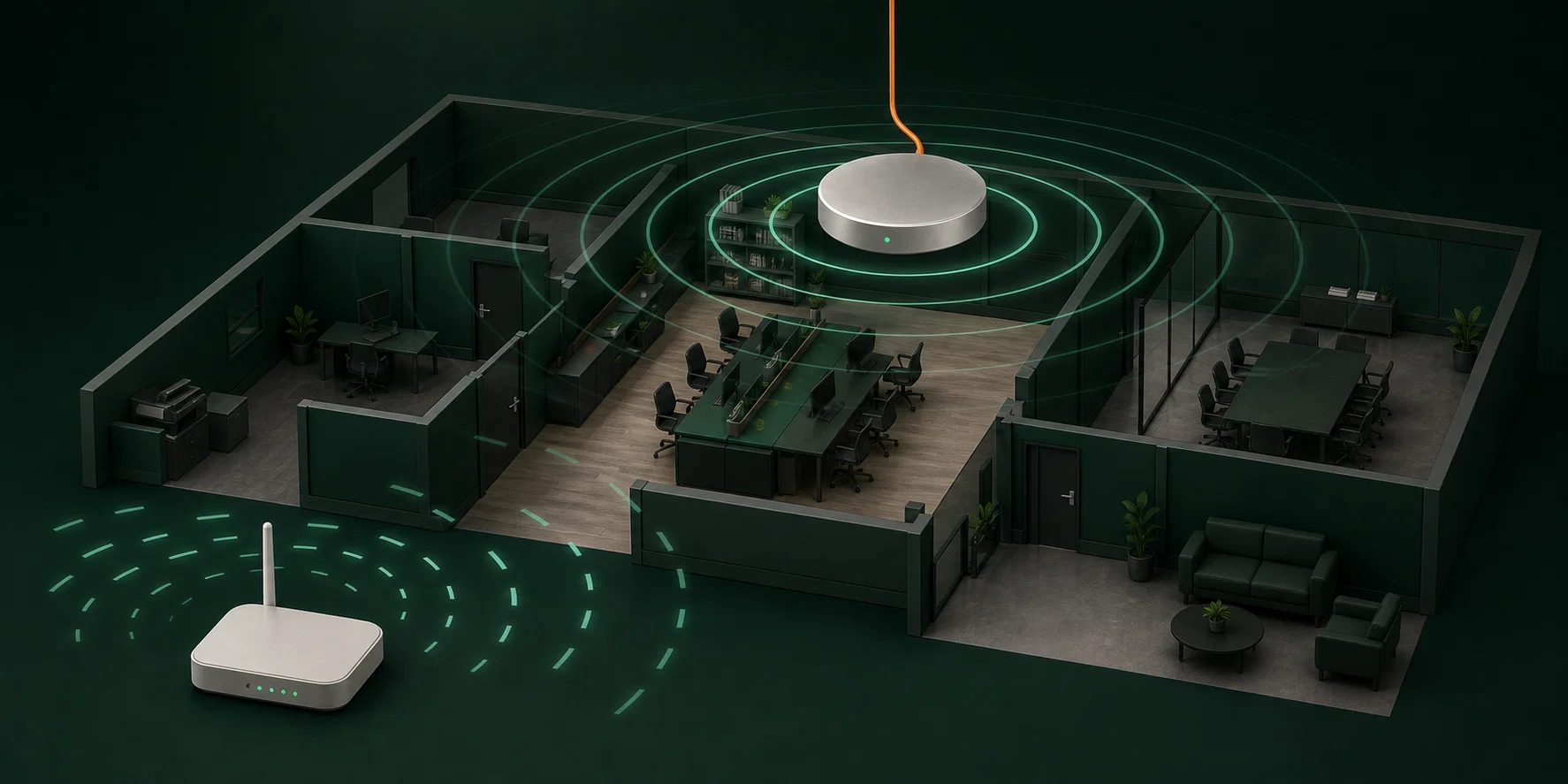 Domácí router má omezený dosah, zatímco firemní access point pokrývá celou kancelář.